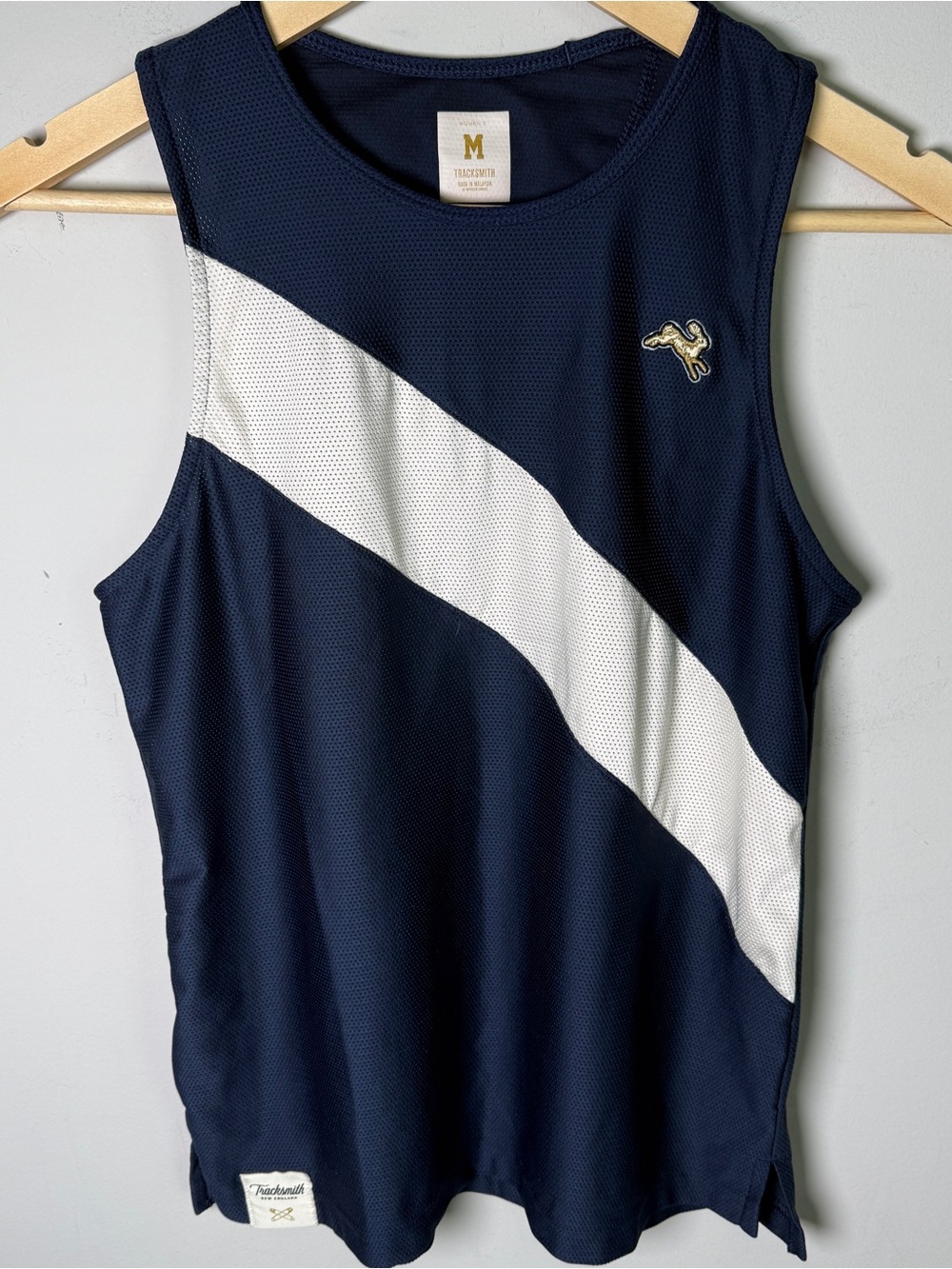 Tracksmith Twilight Tank Navy White Diagonal Stripe 2:09 Mesh Running M